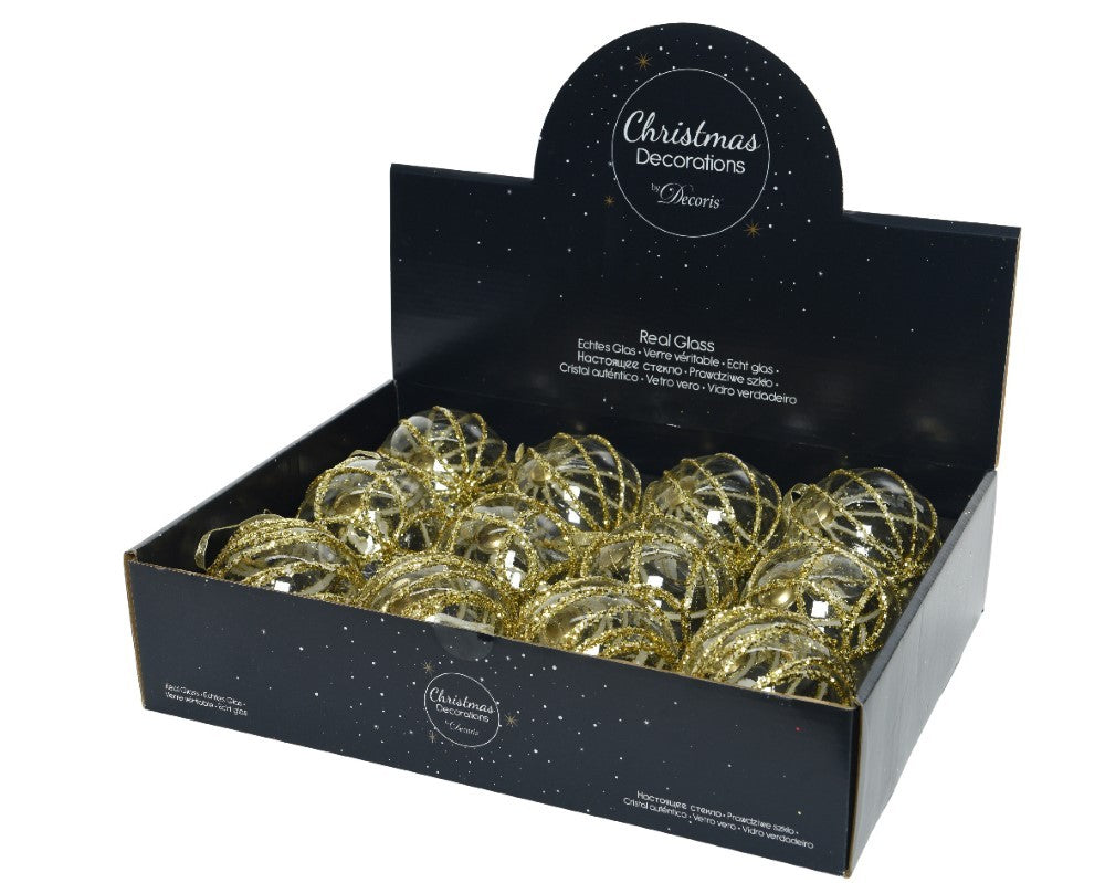 Pallina in vetro trasparente con decoro dlitter oro 3Ass