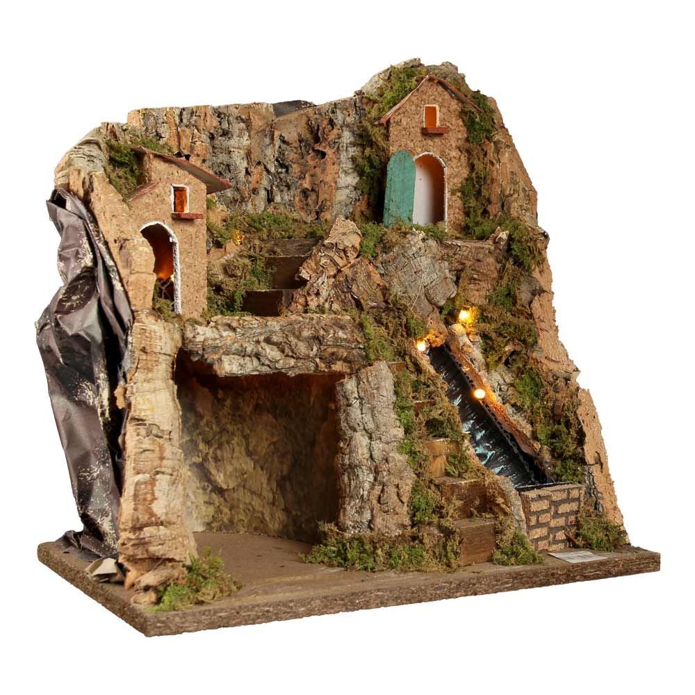 Presepe napoletano artigianale con ruscello e luci 30x20x28 cm