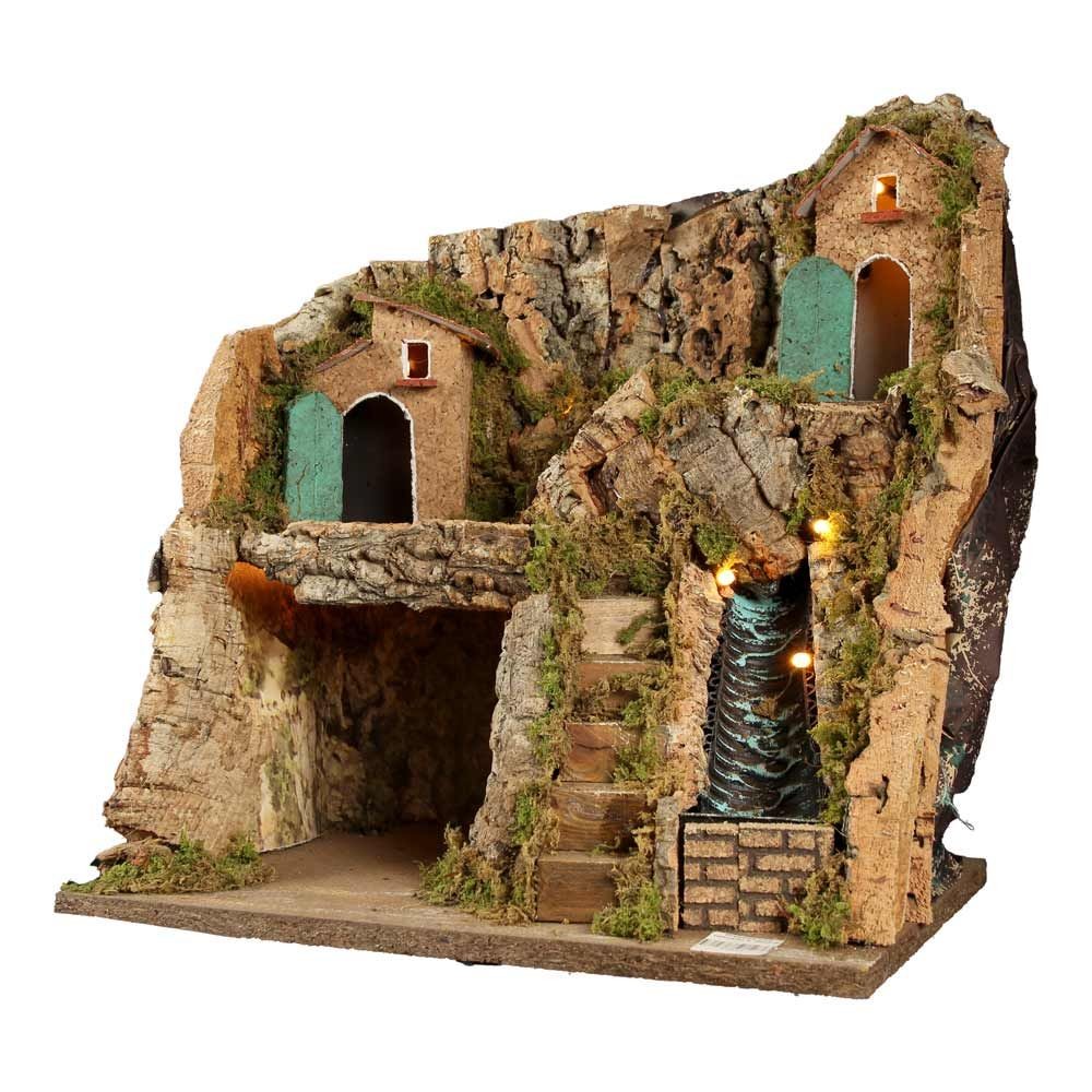 Presepe napoletano artigianale con ruscello e luci 30x20x28 cm