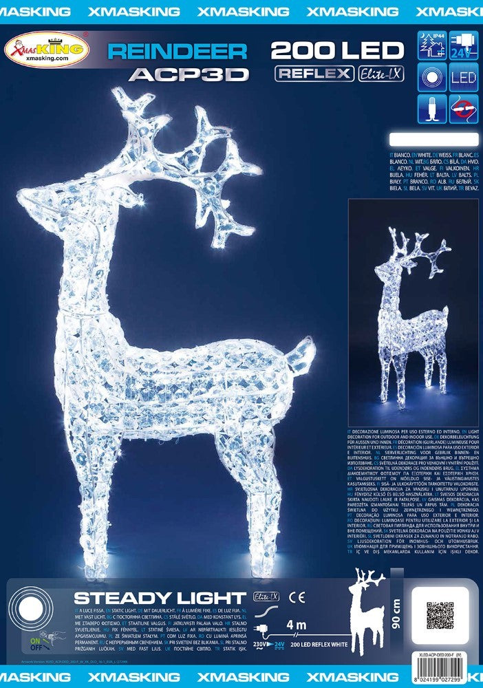 Renna di Cristalli Acrilico 200 LED BIANCO 3D