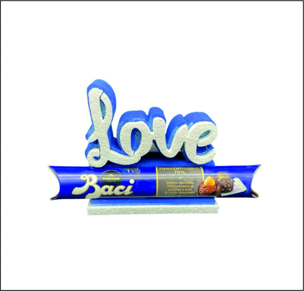 Scritta blu "Love" in polistirolo porta tubo baci 25 cm