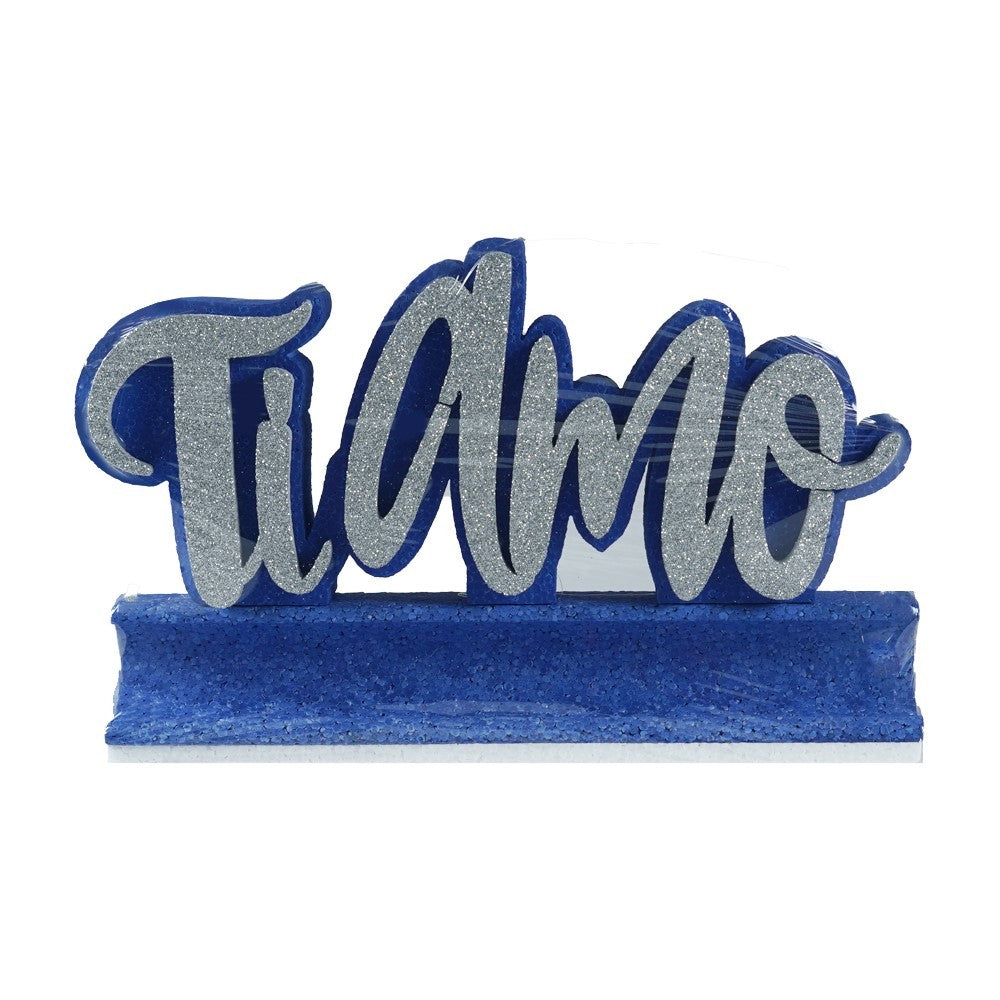Scritta blu e argento glitter  "Ti Amo" in polistirolo porta tubo baci 35cm