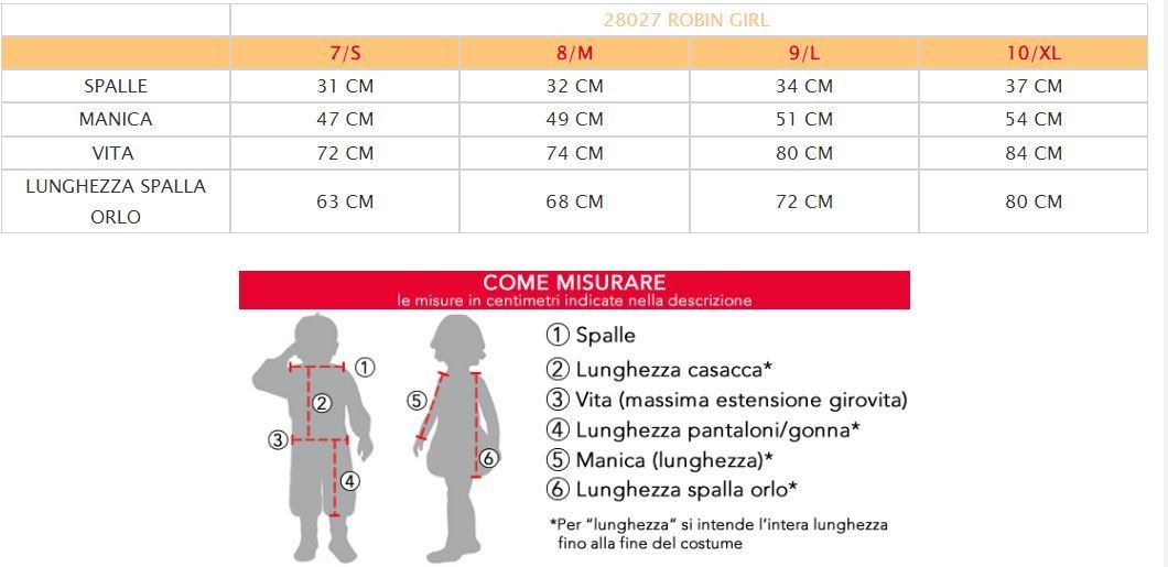 Costume vestito di carnevale Robin girl da 7 a 10 anni