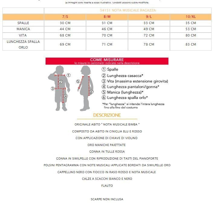 costume di carnevale nota musicale ragazza da 7 a 10 anni