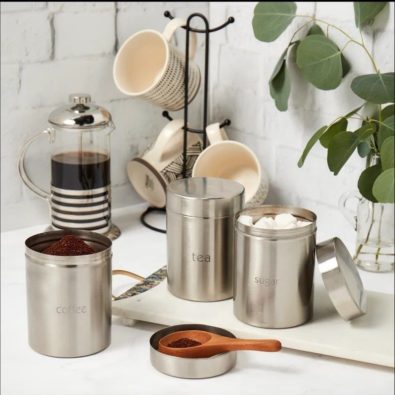 Set 3 Barattoli in acciaio per sale zucchero e caffè scritte in italiano
