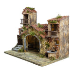 Presepe capanna con case 40x24x32 cm con fontana e luce