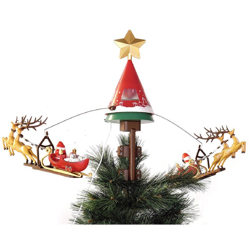 puntale a forma di slitta di Babbo Natale con renne con movimento, luce e musica