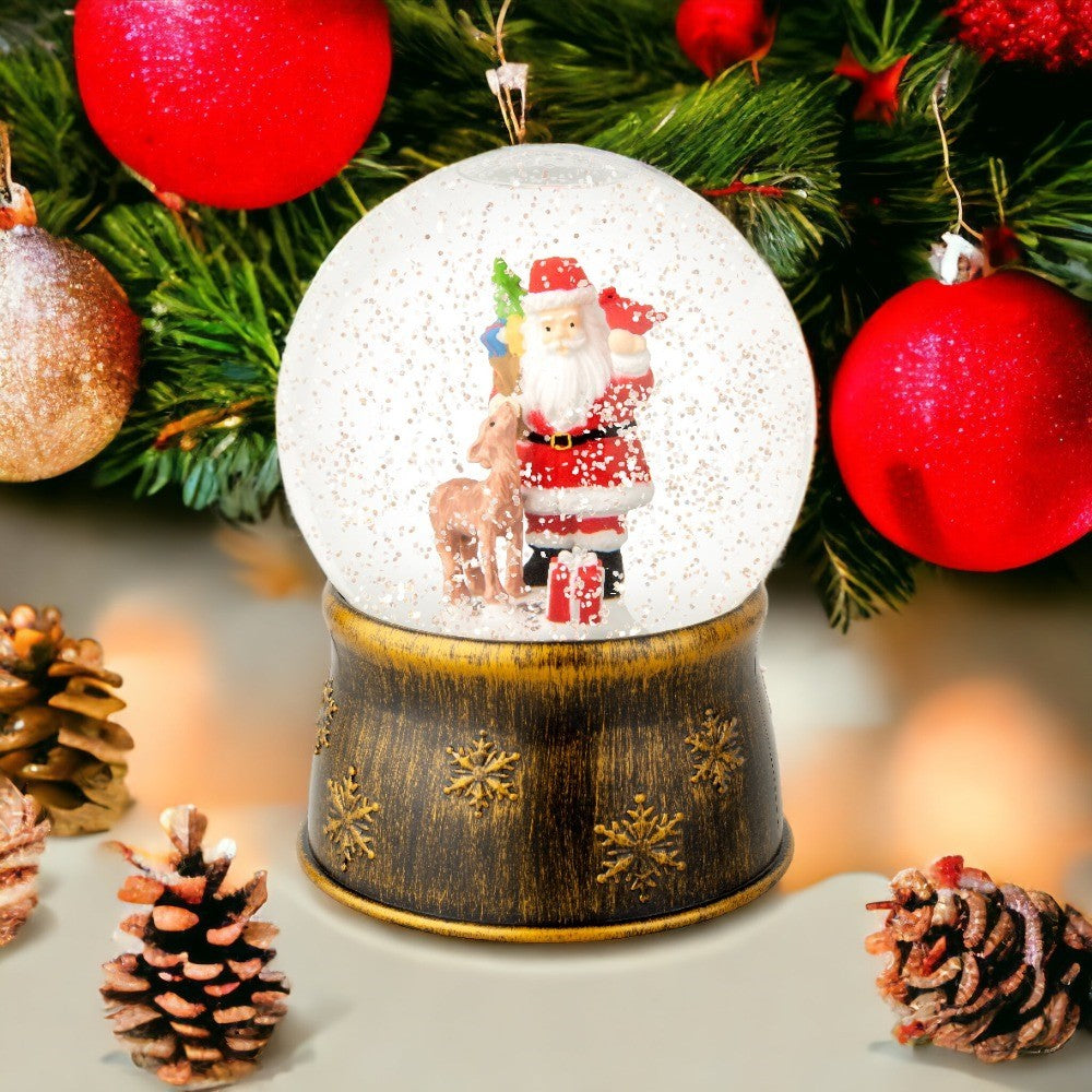 Sfera di vetro Luminosa con neve con Babbo Natale e renna