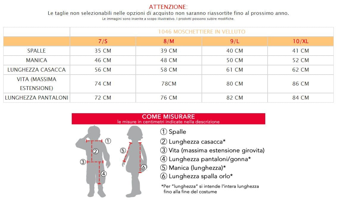 Costume vestito di carnevale Moschettiere in velluto da 7 a 10 anni