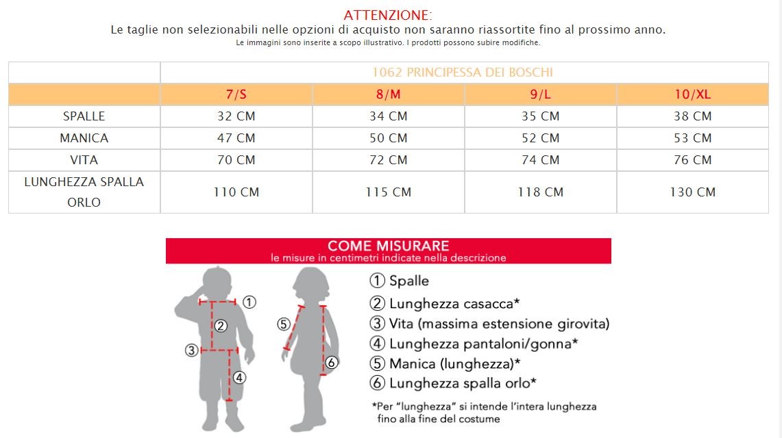 Costume vestito di carnevale Pincipessa dei Boschi da 7 a 10 anni