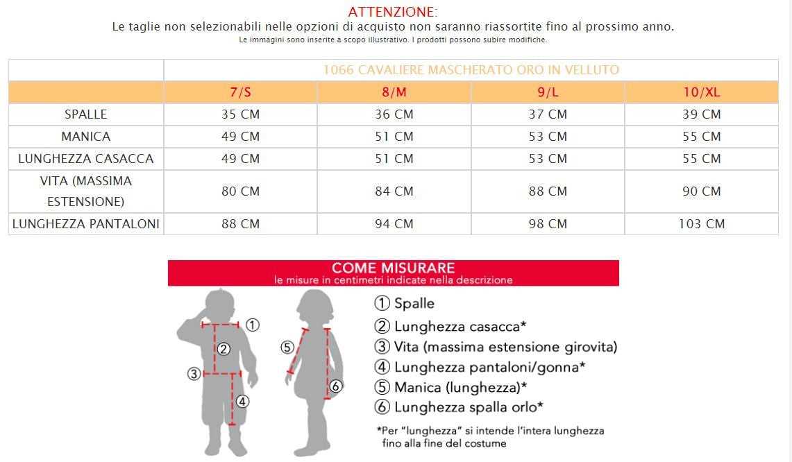 Costume vestito di canevale Cavaliere mascherato Oro in velluto da 7 a 10 anni