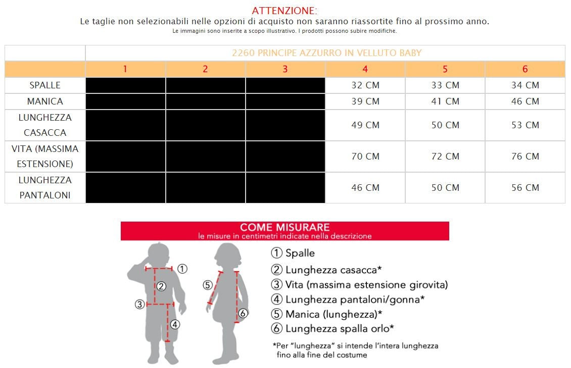 Costume vestito di carnevale Principe Azzurro in velluto da 4 a 6 anni
