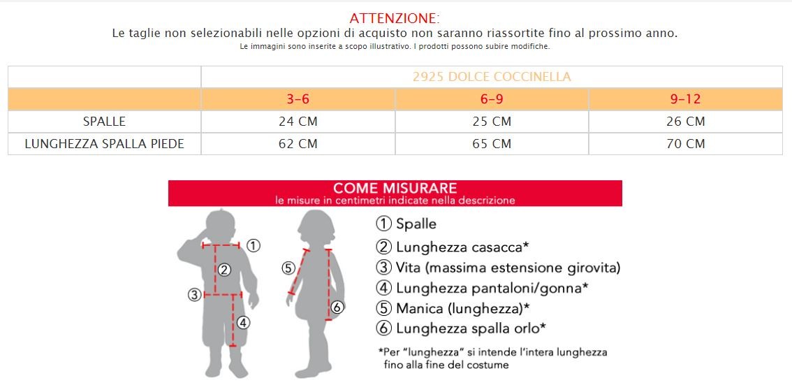 Costume vestito di carnevale Dolce Coccinella da 3 a 12 mesi
