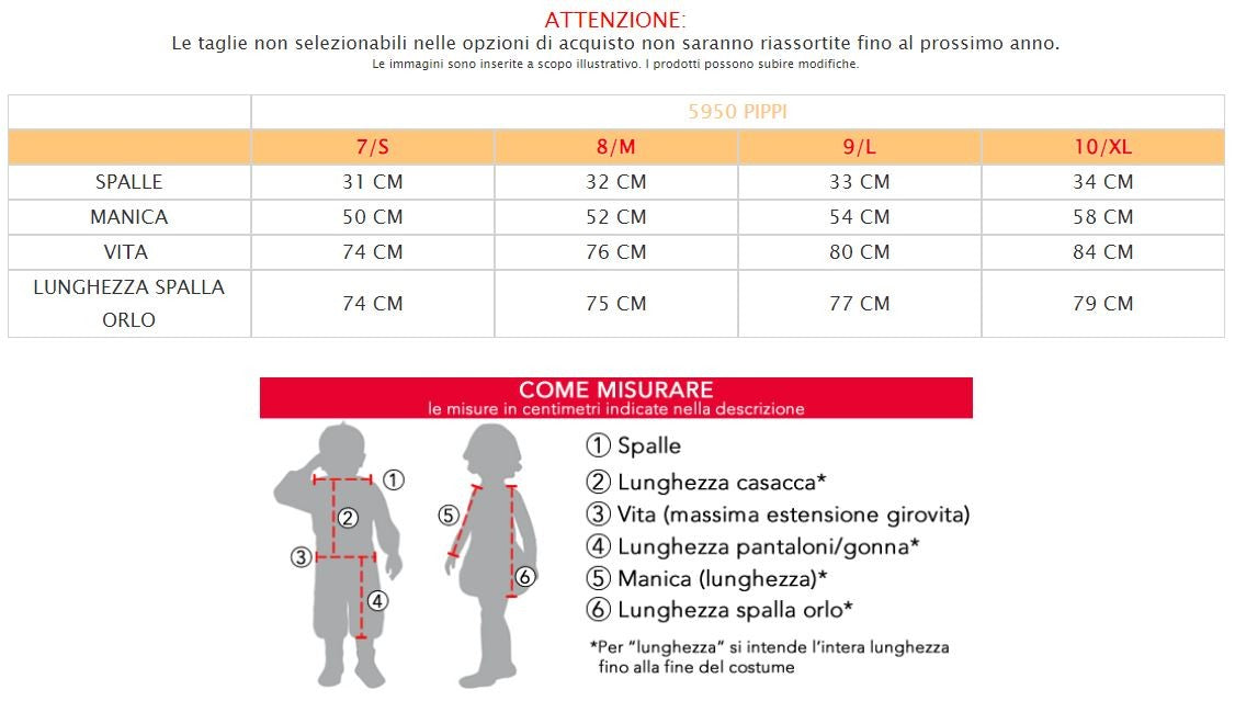 Costume vestito di carnevale Pippi da 7 a 10