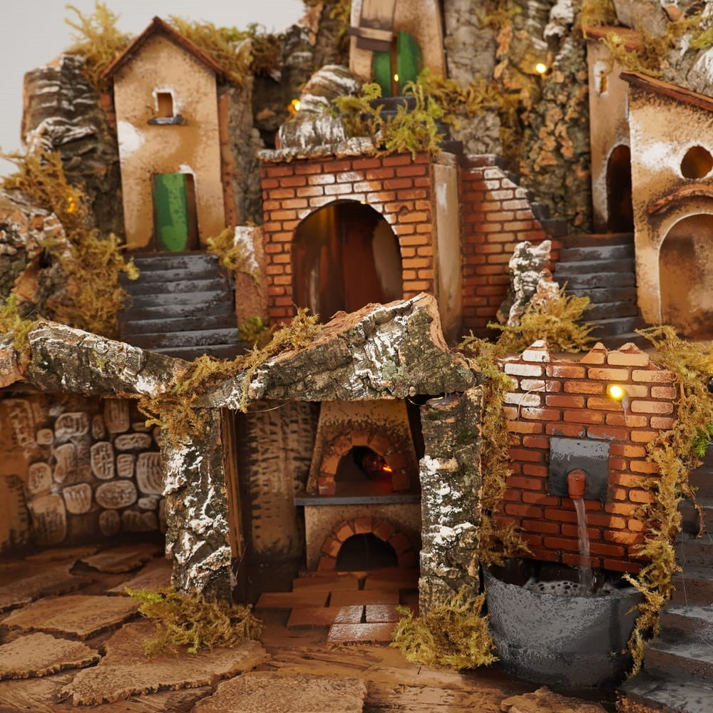 Presepe paesaggistico con fontana e mulino