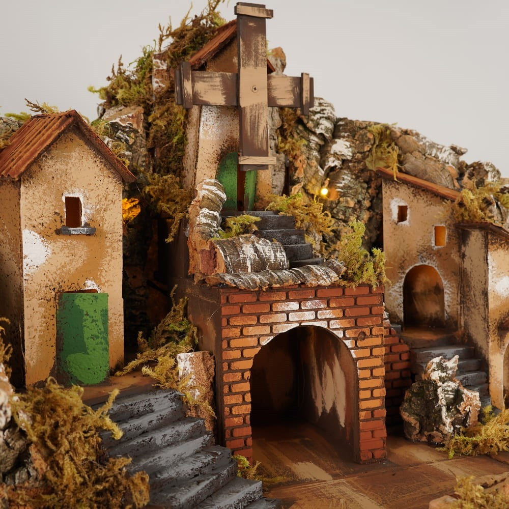 Presepe paesaggistico con fontana e mulino