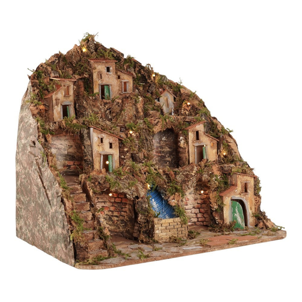 Presepe paesaggistico napoletano artigianale con luci cascata 60x53x53