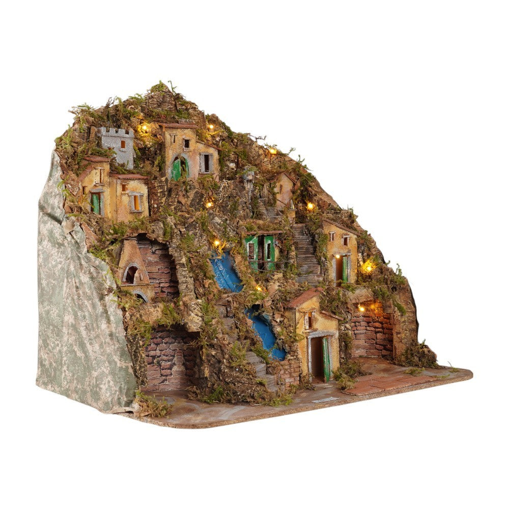 Presepe paesaggistico napoletano artigianale con luci e cascata 70x60x60 cm