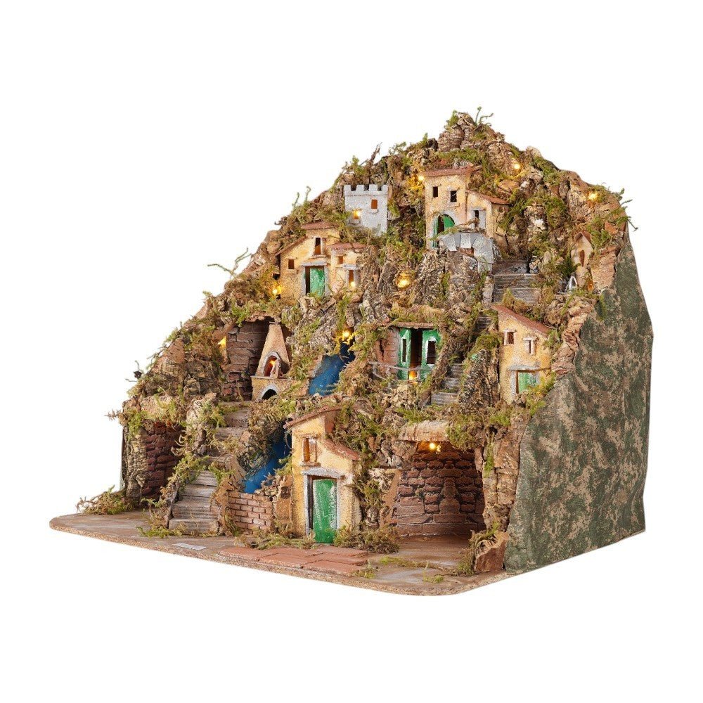 Presepe paesaggistico napoletano artigianale con luci e cascata 70x60x60 cm