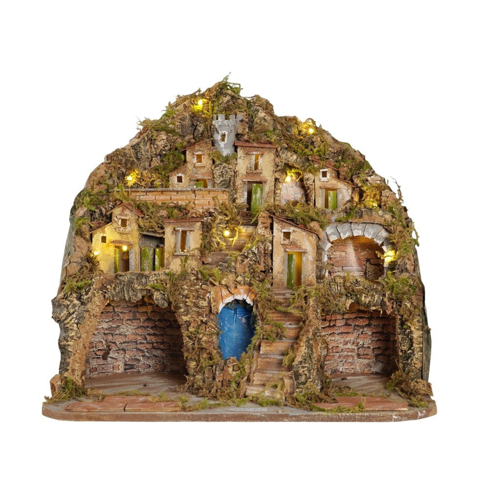 Presepe paesaggistico napoletano artigianale con luci e cascata 50x40x43 cm