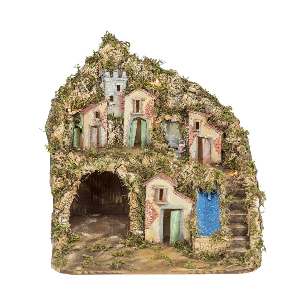 Presepe napoletano paesaggistico artigianale con luci e cascata 40x35x40 cm