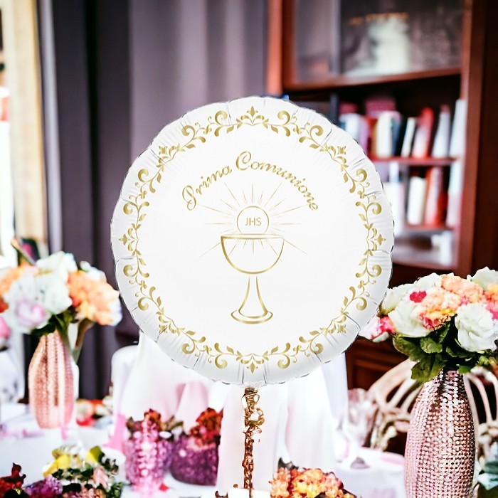 Palloncino in Foil Tondo da 45 cm con Stampa a Tema Comunione Gold Metal