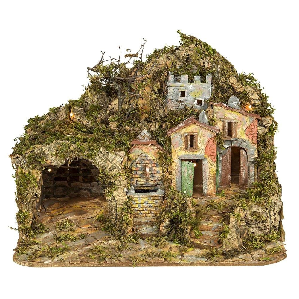 Presepe paesaggistico napoletano artigianale con luci e fontana 54x35x40 cm