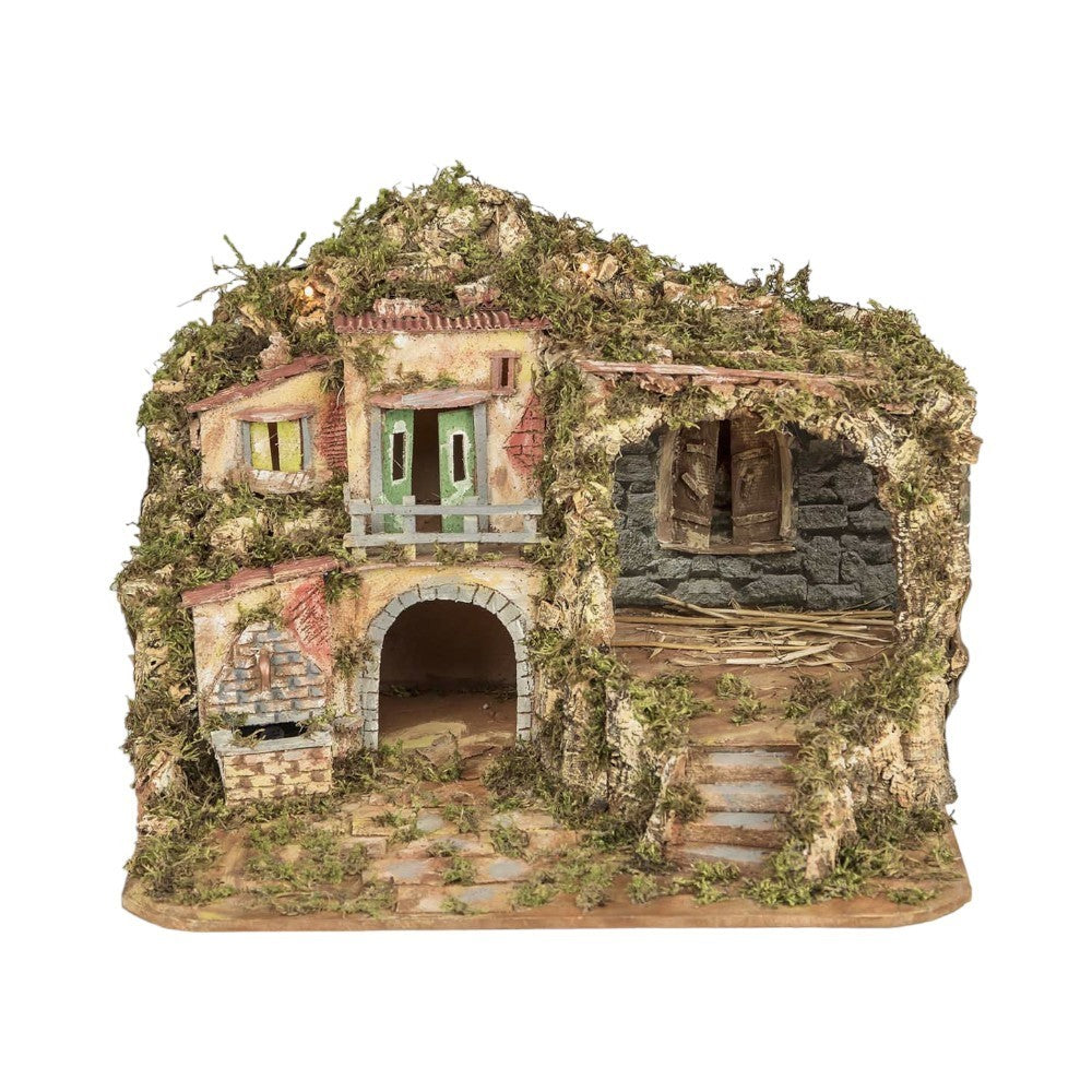 Presepe paesaggistico napoletano artigianale con luci a led e fontana 50x40x37cm