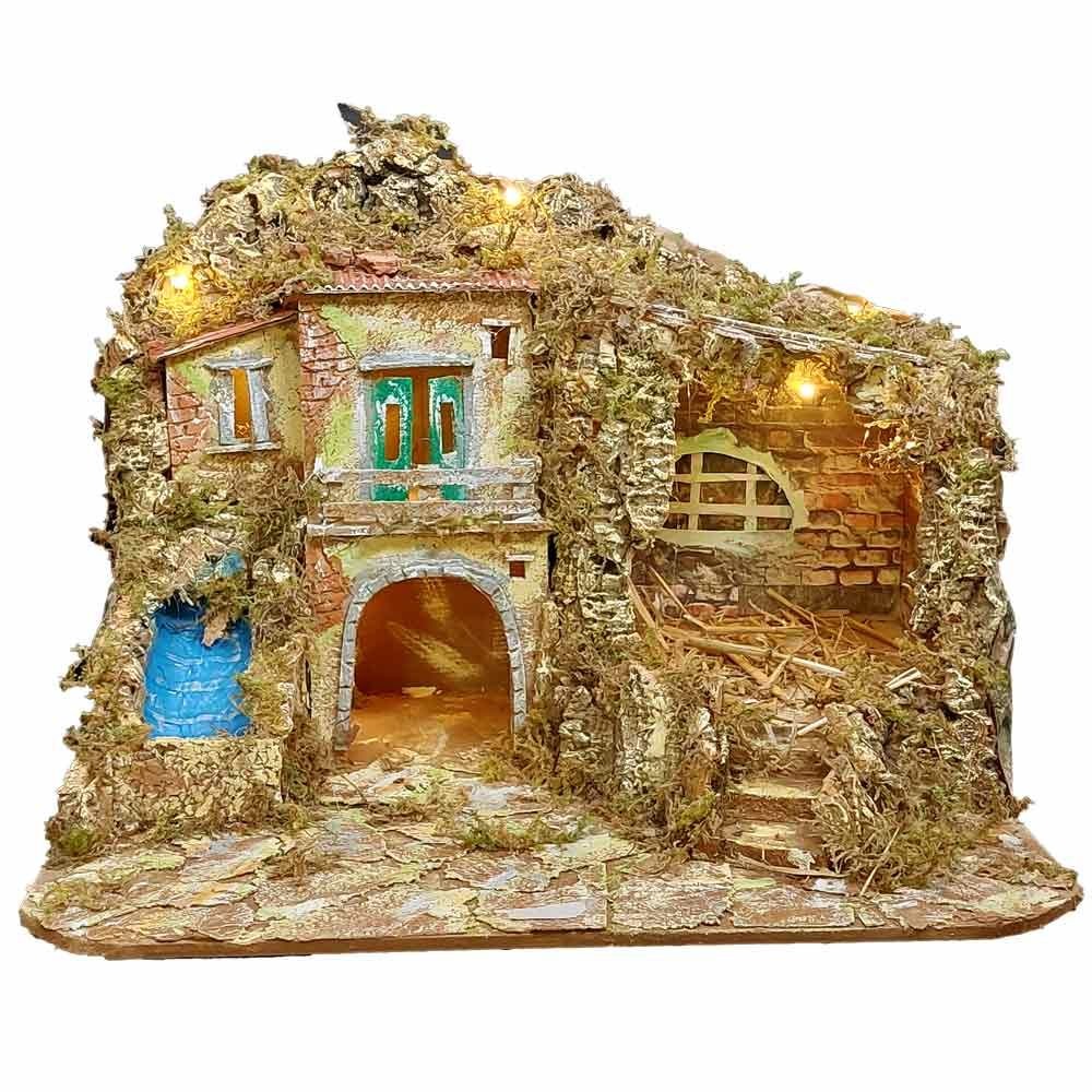 Presepe paesaggistico napoletano artigianale con luci e cascata 50x40x37 cm