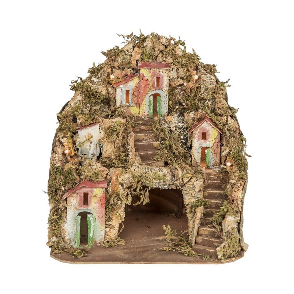 Presepe paesaggistico napoletano artigianale con luci 30x25x30 cm