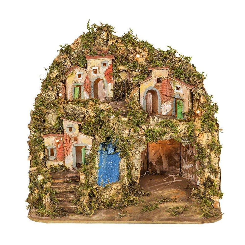 Presepe paesaggistico napoletano artigianale con luci e cascata 35x30x30 cm