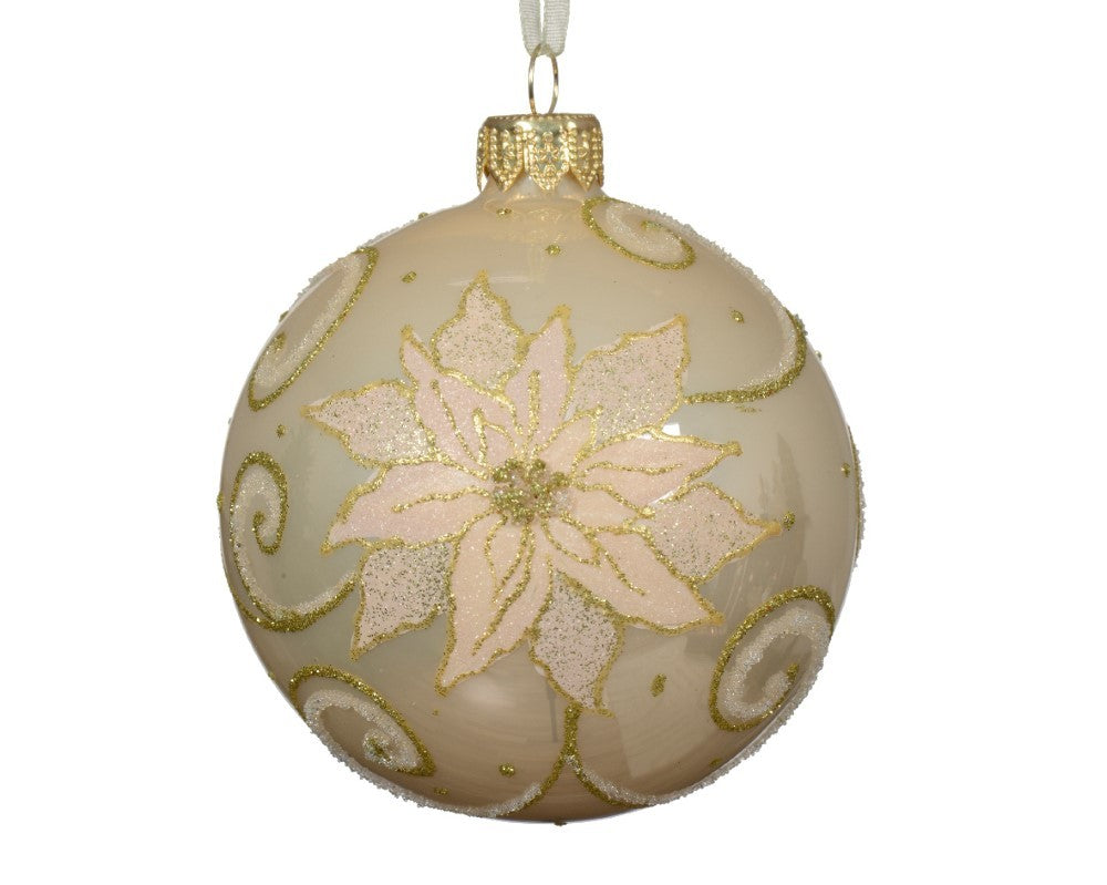 Pallina Palla di vetro smaltata poinsettia perla 8cm | Kaemingk