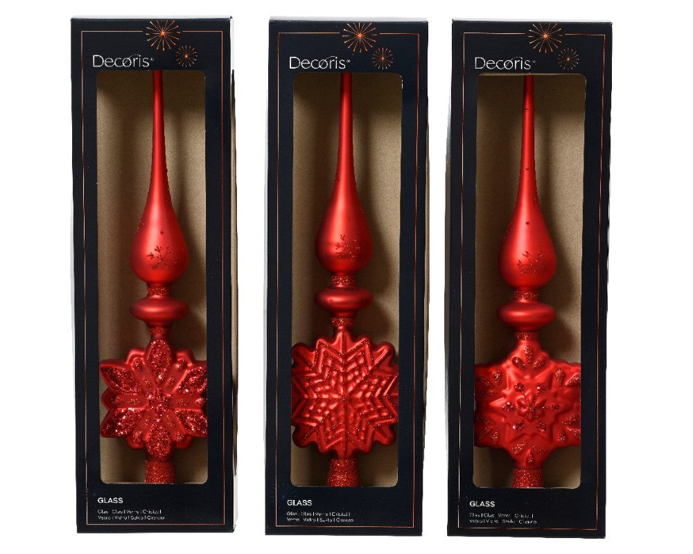 Punta albero di vetro opaca con glitter rossa | Kaemingk