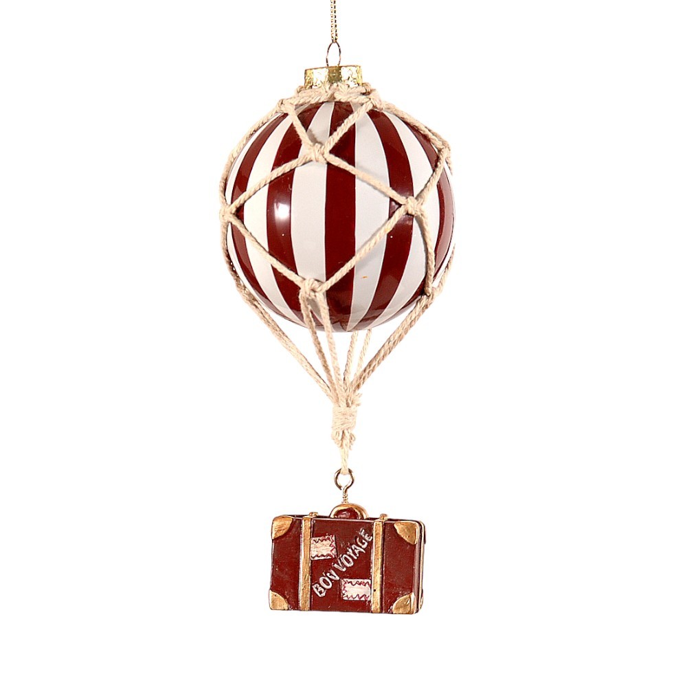 Pendente Mongolfiera Righe 17 cm con Valigia per Albero di Natale