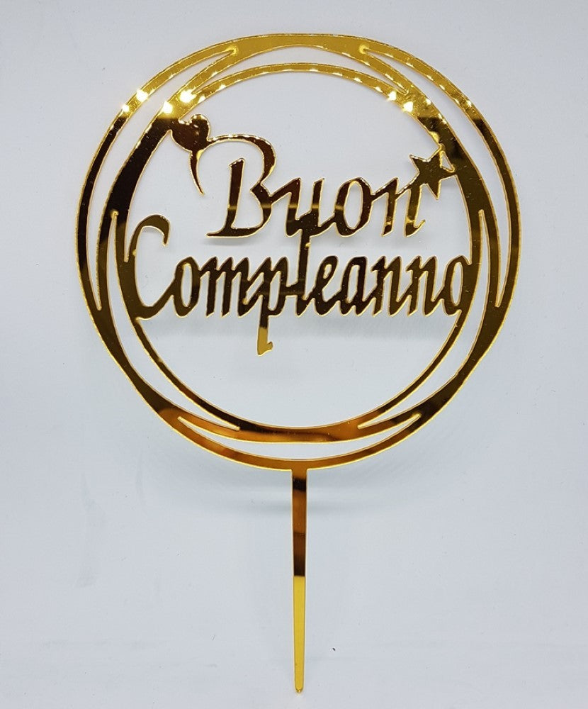 Cake Topper per torta Buon Compleanno tondo Oro 17x13 cm