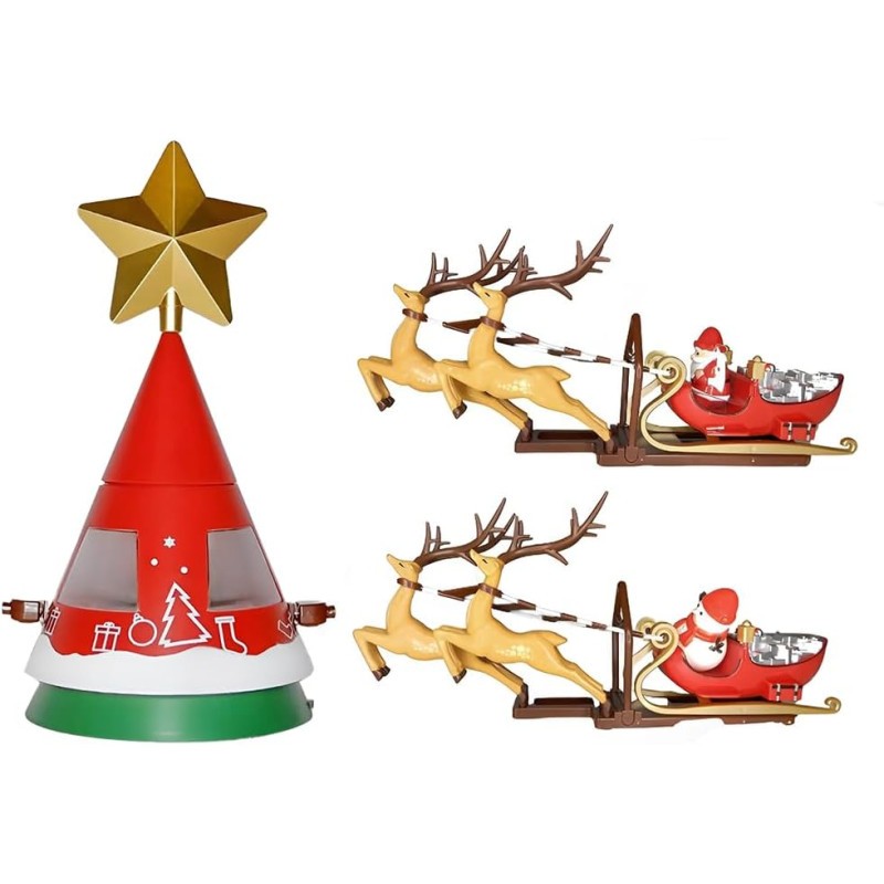 puntale a forma di slitta di Babbo Natale con renne con movimento, luce e musica