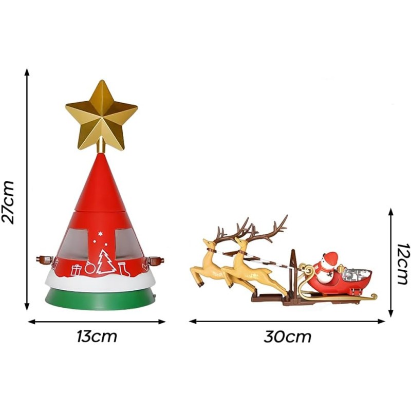 puntale a forma di slitta di Babbo Natale con renne con movimento, luce e musica