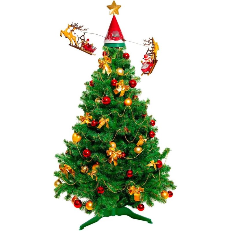 puntale a forma di slitta di Babbo Natale con renne con movimento, luce e musica