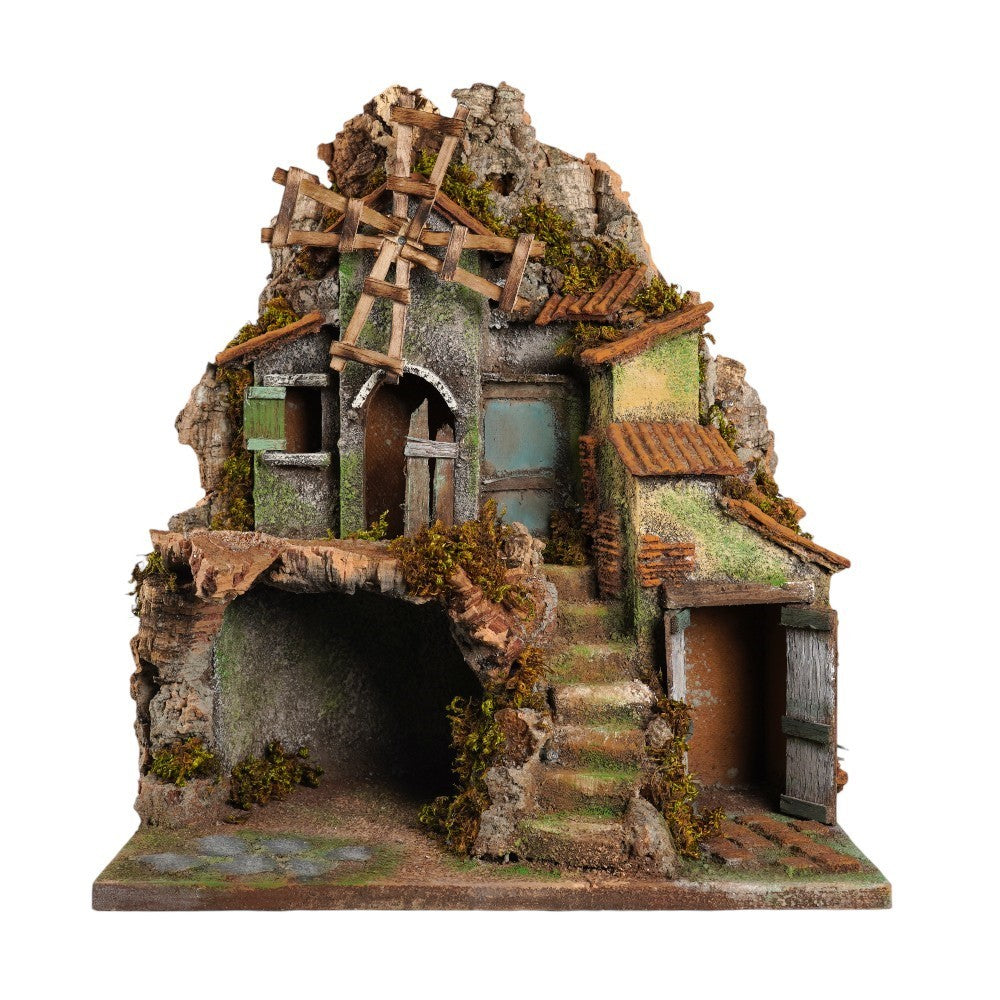 Presepe 24x38x47 cm con mulino a vento e luci artigianale