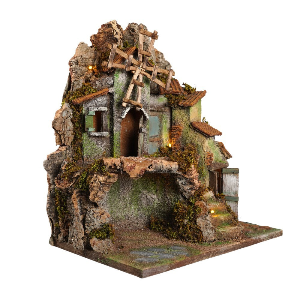 Presepe 24x38x47 cm con mulino a vento e luci artigianale