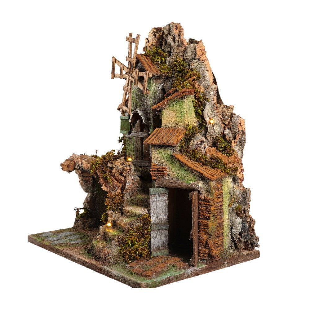 Presepe 24x38x47 cm con mulino a vento e luci artigianale