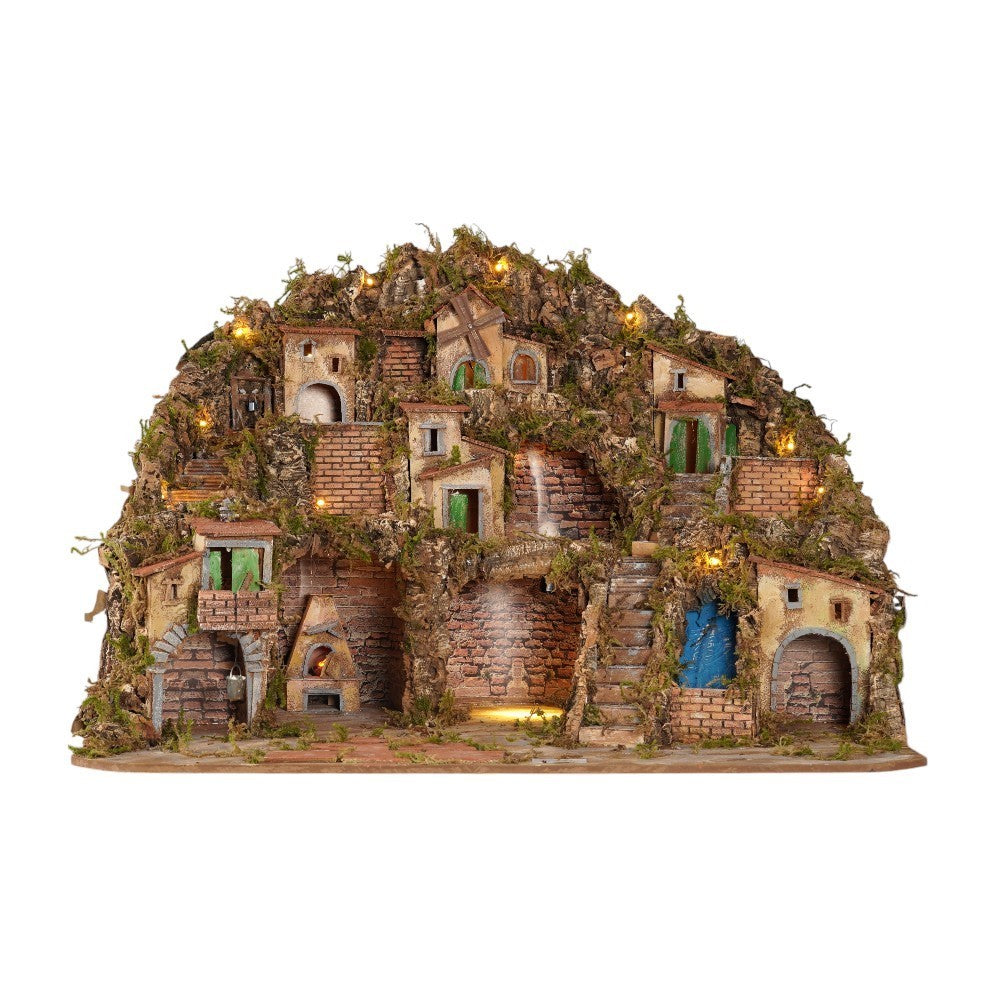 Presepe paesaggistico 82x63 con forno, mulino e paniere
