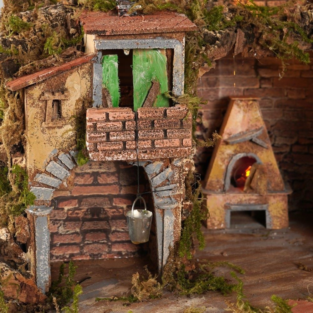 Presepe paesaggistico 82x63 con forno, mulino e paniere