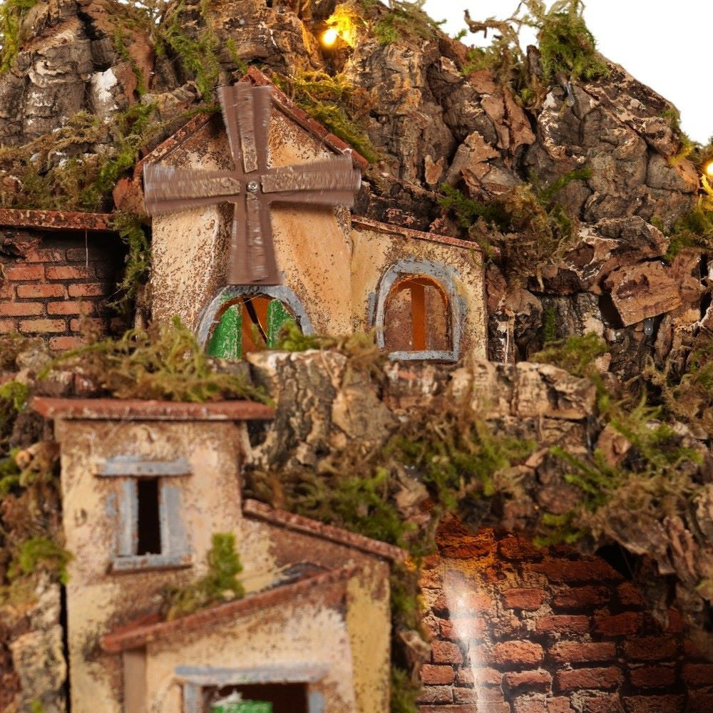 Presepe paesaggistico 82x63 con forno, mulino e paniere