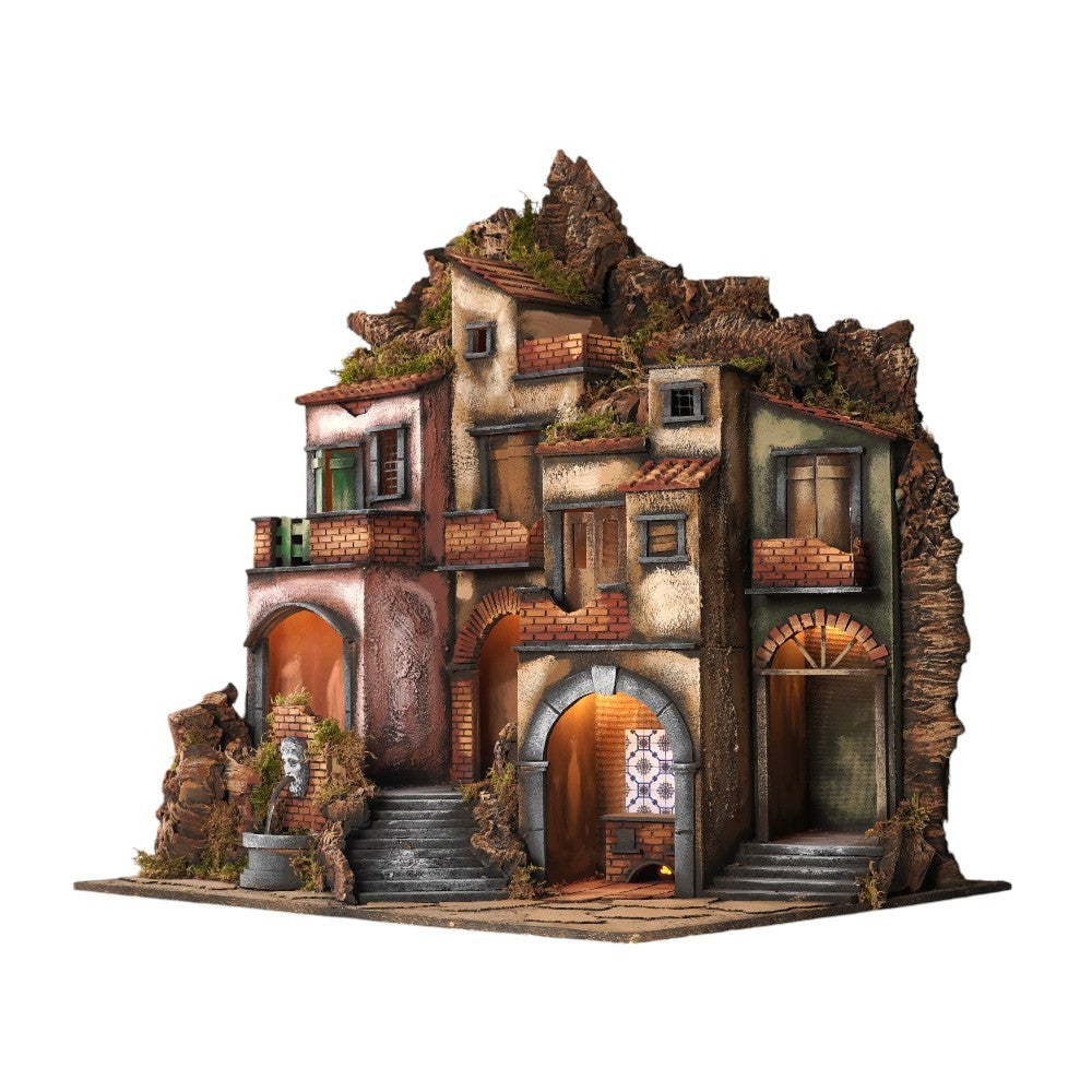 Presepe borgo con fontana e cucina 84x61x88 cm pastori 10