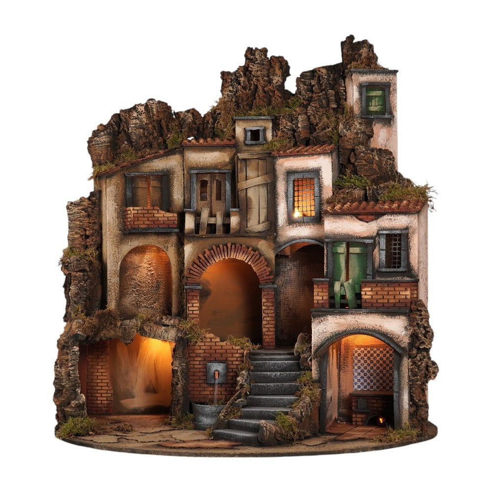 Presepe borgo semicircolare 84x60 con fontana e cucina