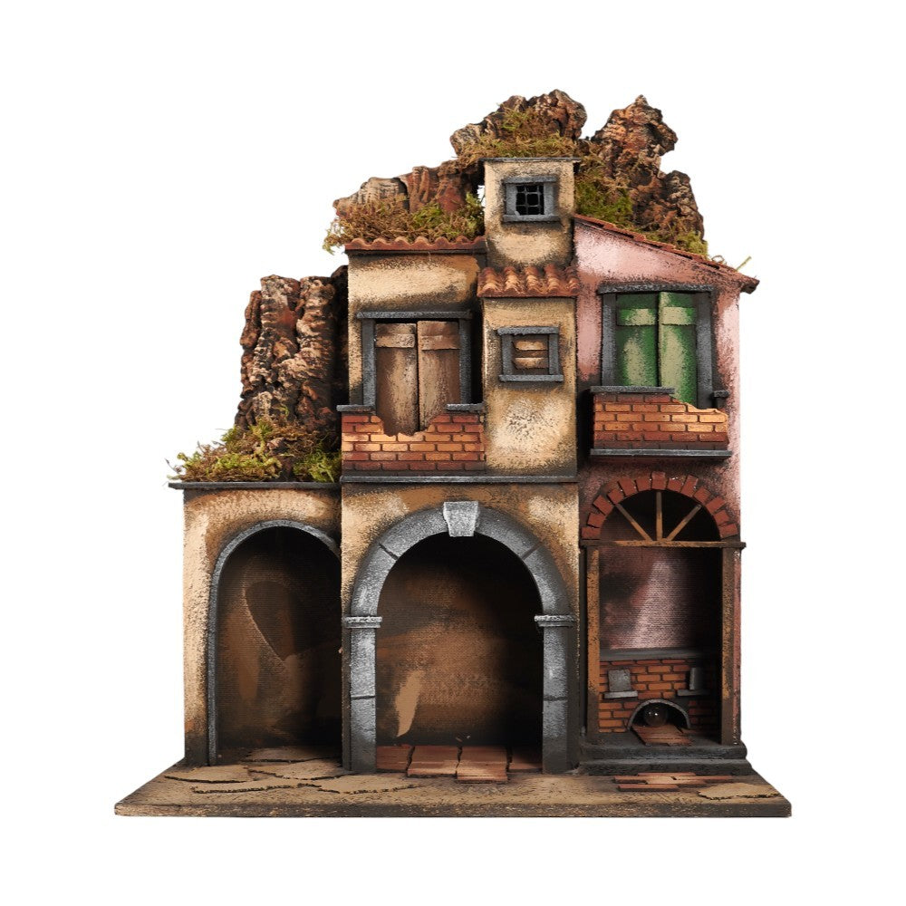 Presepe casolare napoletano 50x40x66 cm con luci e cucina