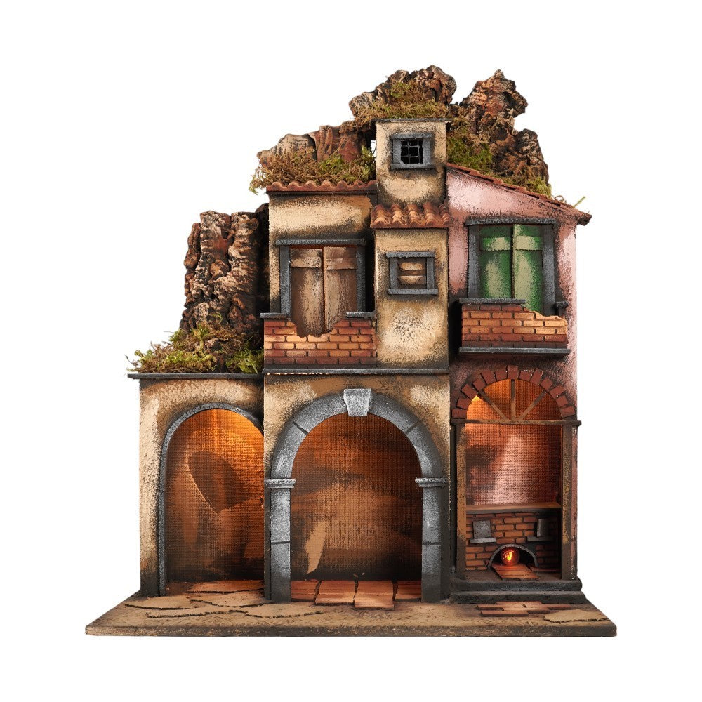 Presepe casolare napoletano 50x40x66 cm con luci e cucina