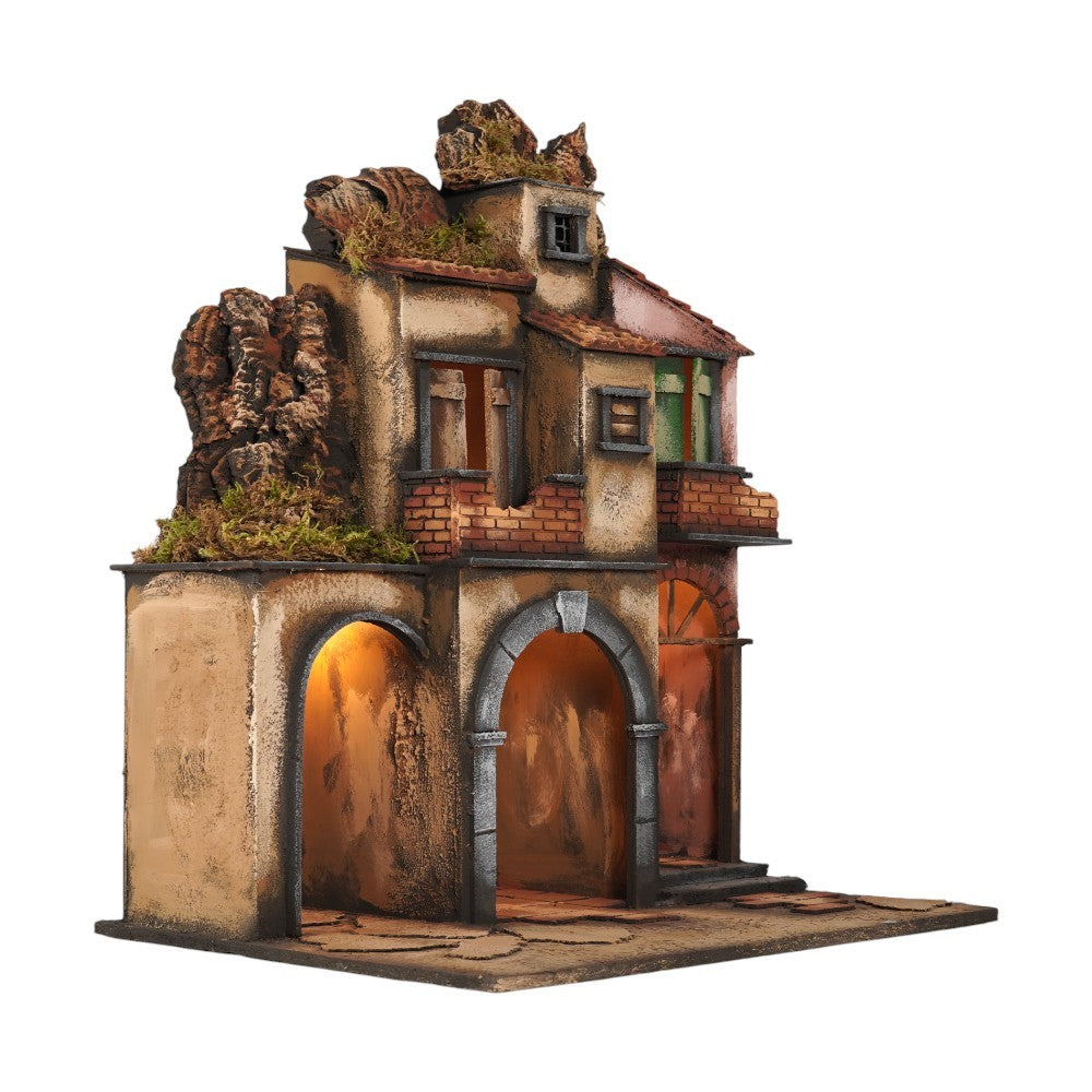 Presepe casolare napoletano 50x40x66 cm con luci e cucina