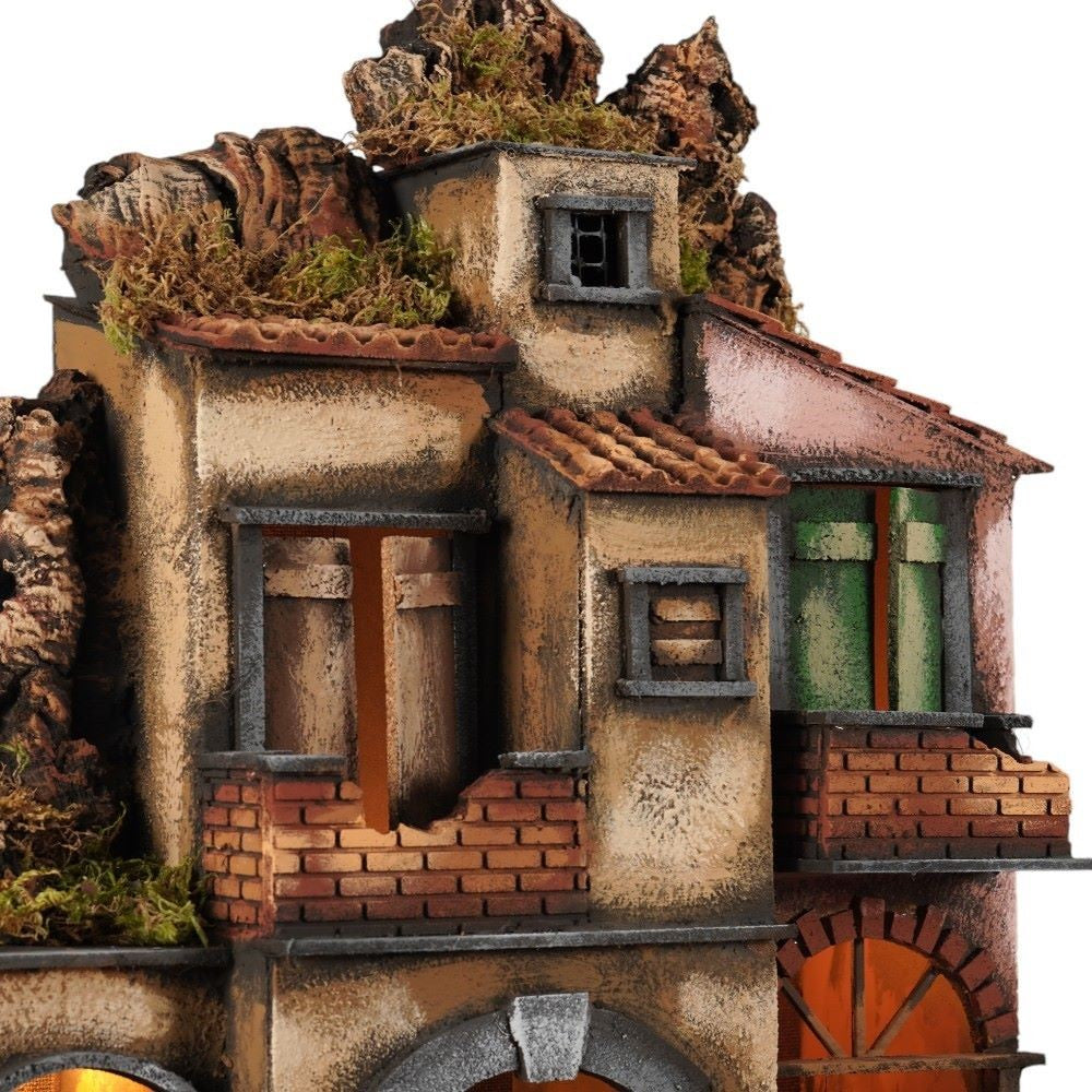 Presepe casolare napoletano 50x40x66 cm con luci e cucina